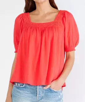 Lace Trim Square Neck Blouse - Hibiscus