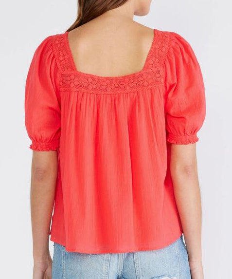 Lace Trim Square Neck Blouse - Hibiscus