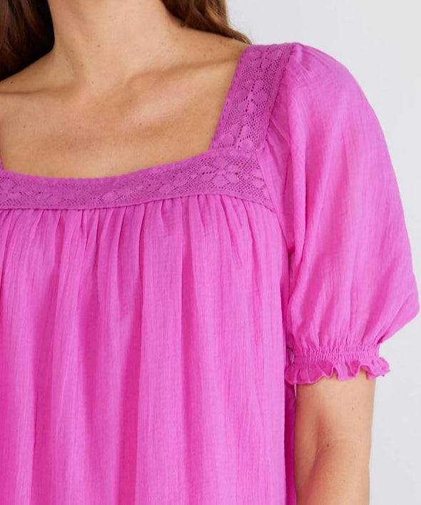 Lace Trim Square Neck Blouse - Orchid