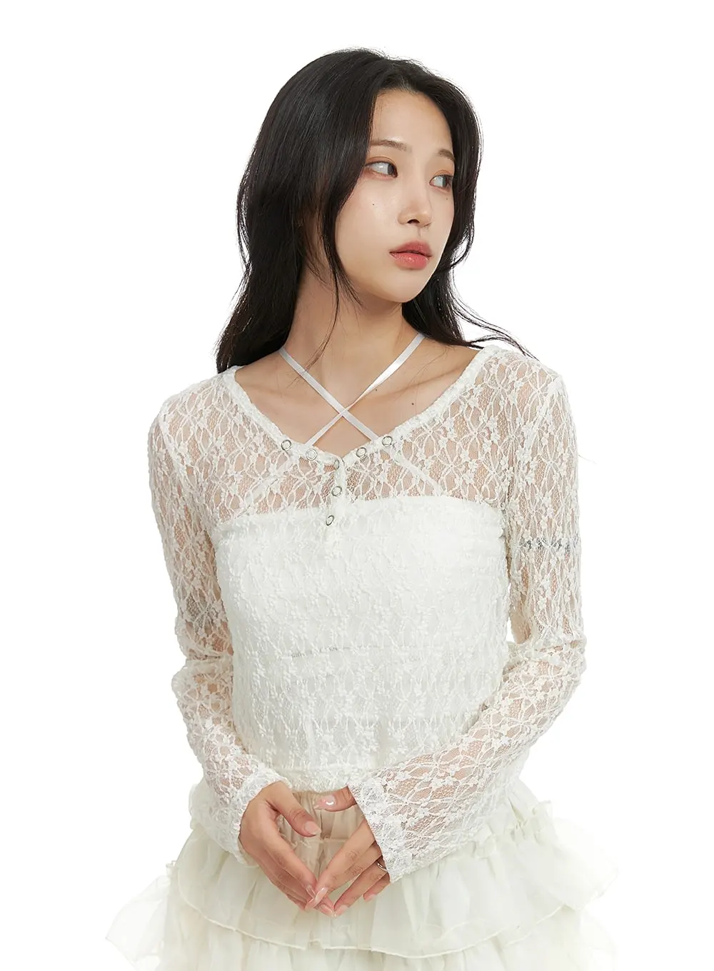 Lace V-Neck Long Sleeve Top CM427