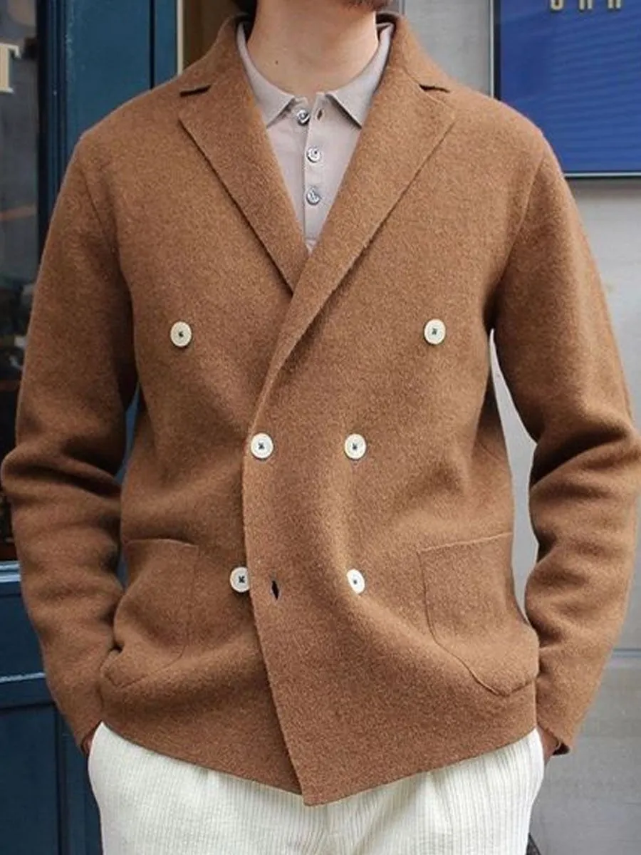 Lapel Double-Breasted Double-Pocket Casual Woolen Coat