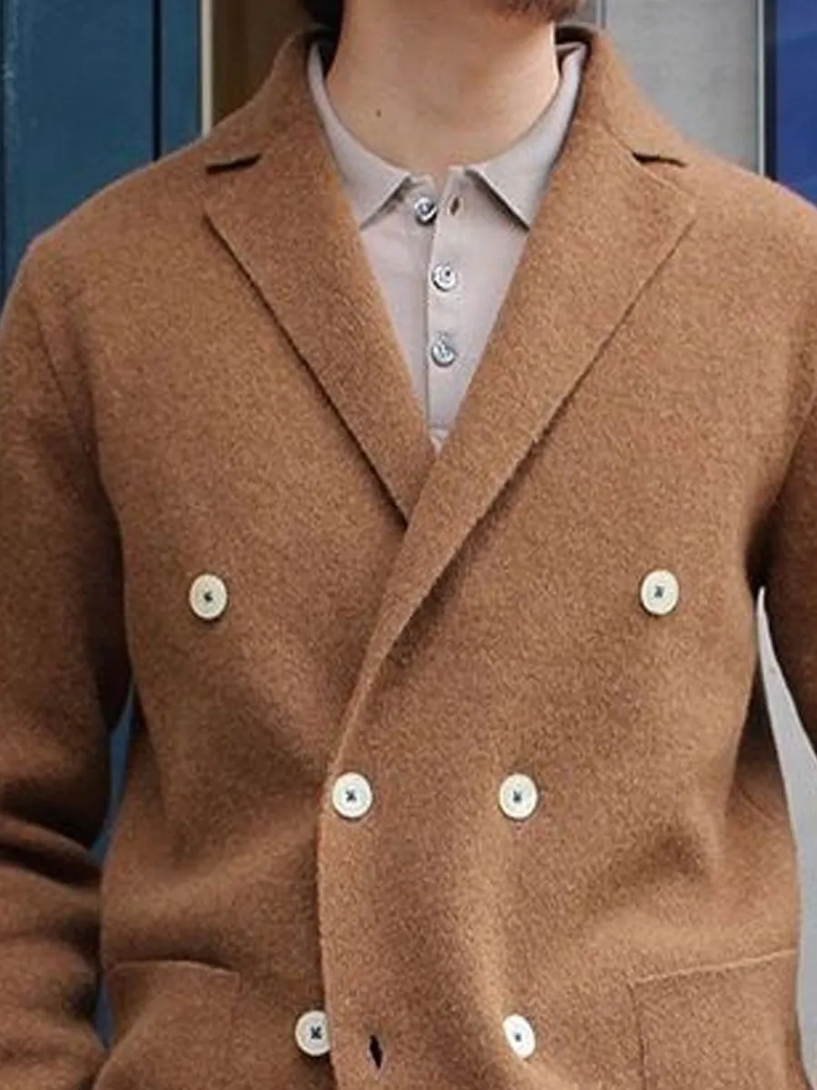 Lapel Double-Breasted Double-Pocket Casual Woolen Coat