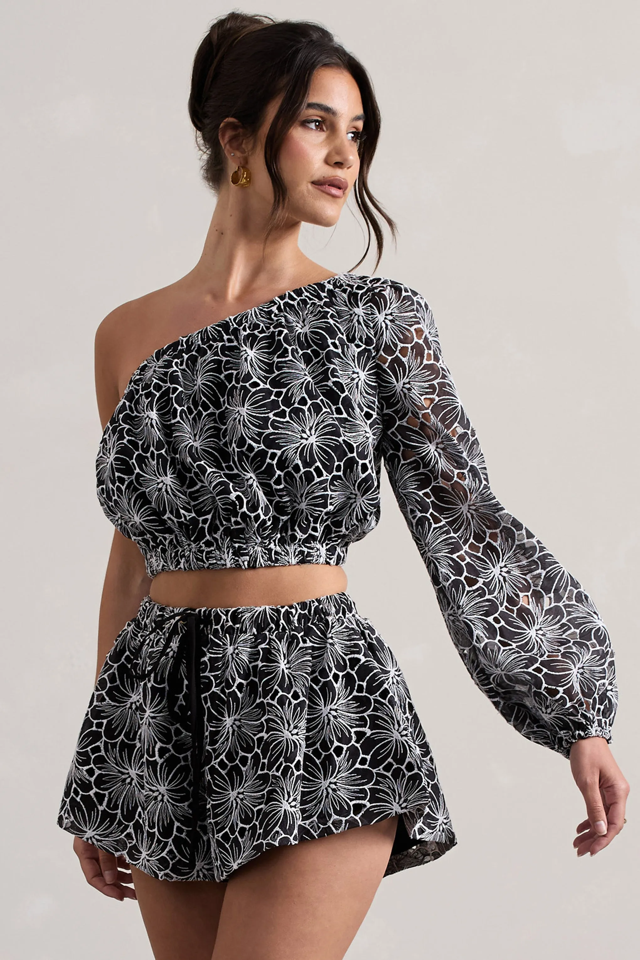 Last Request | Black Lace Asymmetric One-Sleeve Crop-Top