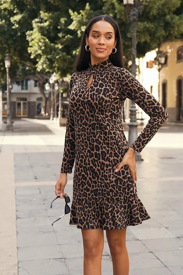 Leopard Print Keyhole Detail Ruffle Hem Shift Jersey Dress