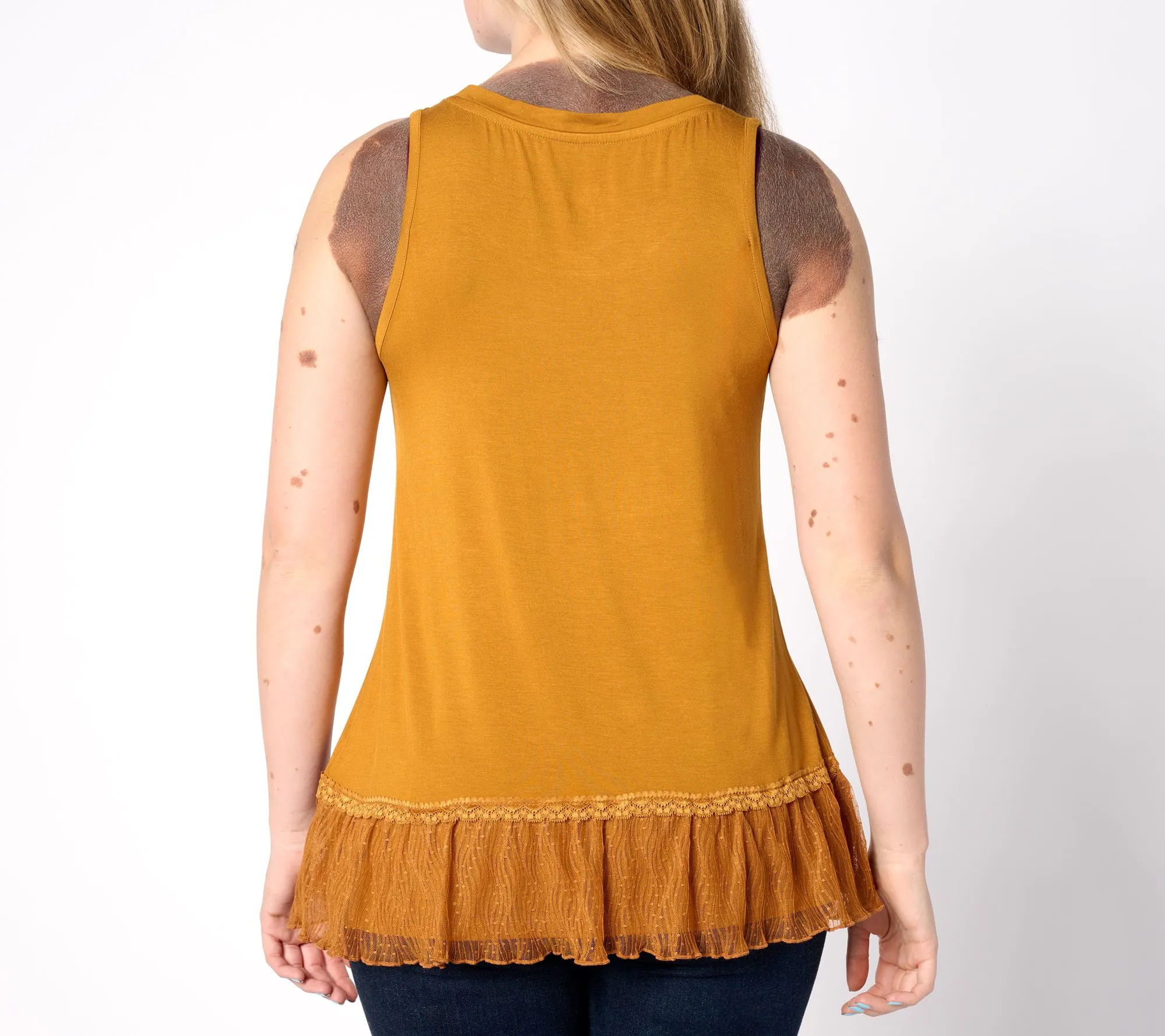 LOGO Layers by Lori Goldstein Knit Tank with Dot Mesh Ruffle Hem