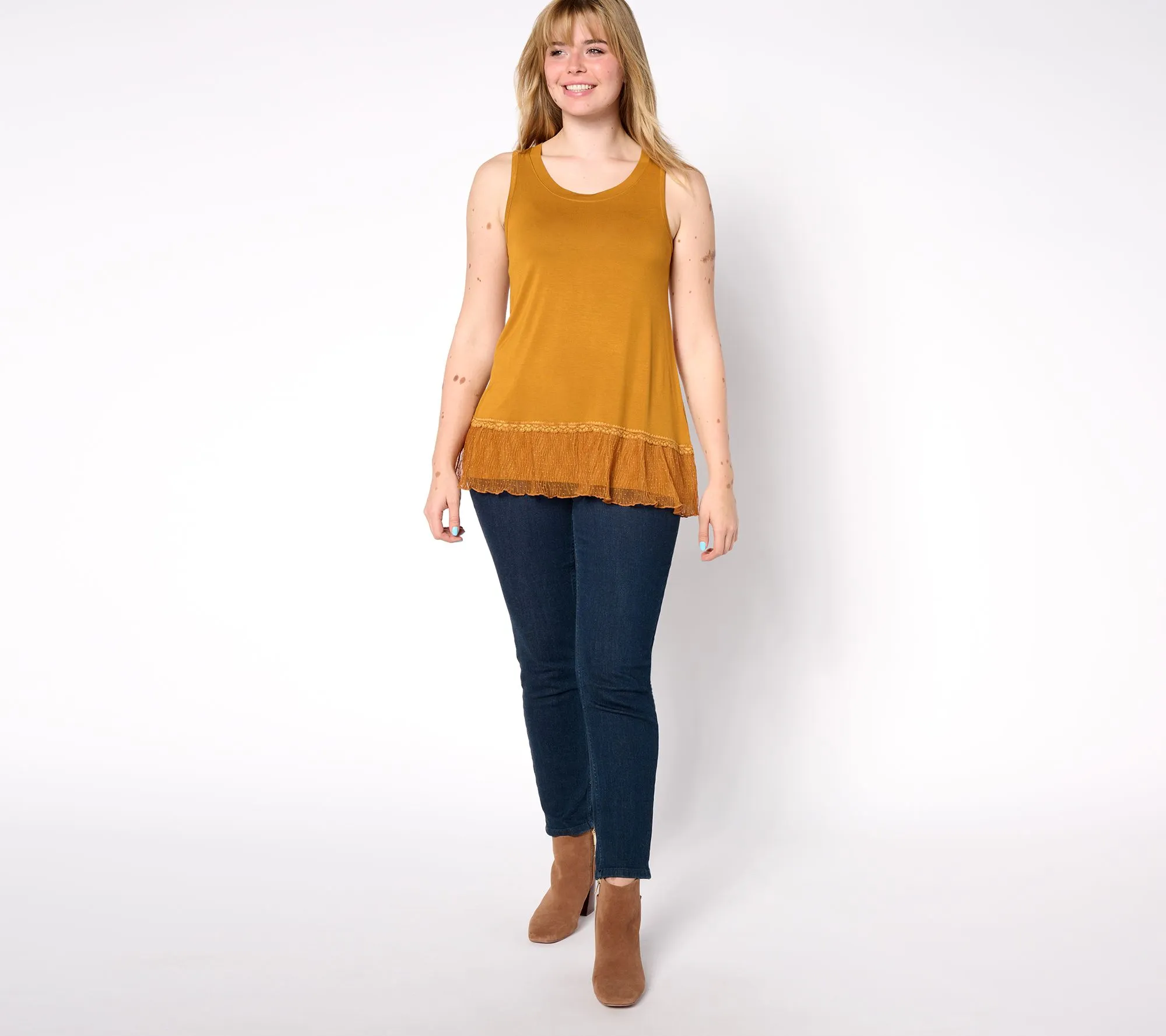 LOGO Layers by Lori Goldstein Knit Tank with Dot Mesh Ruffle Hem