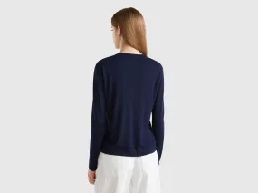 Long sleeve sweater in silk blend - Dark Blue | Benetton