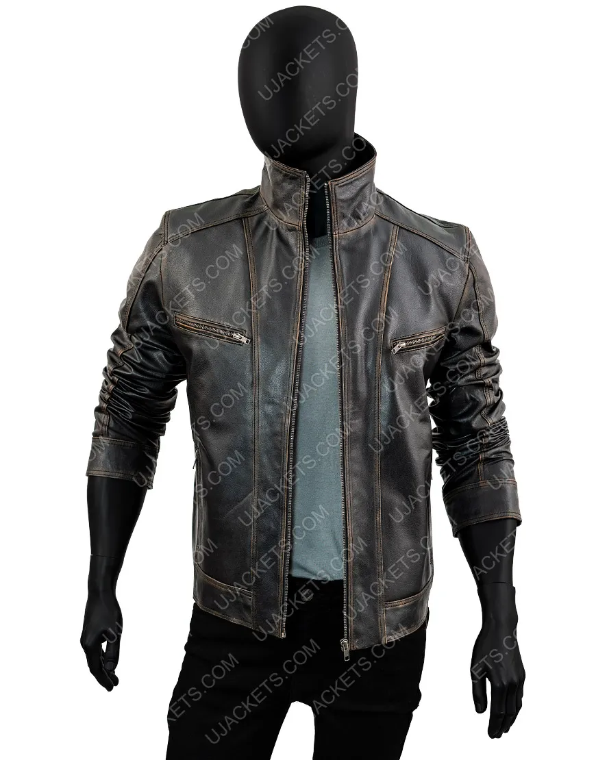 Men's Rivet Cow Hide Leather Jacket | Black Distressed Leather Jacket