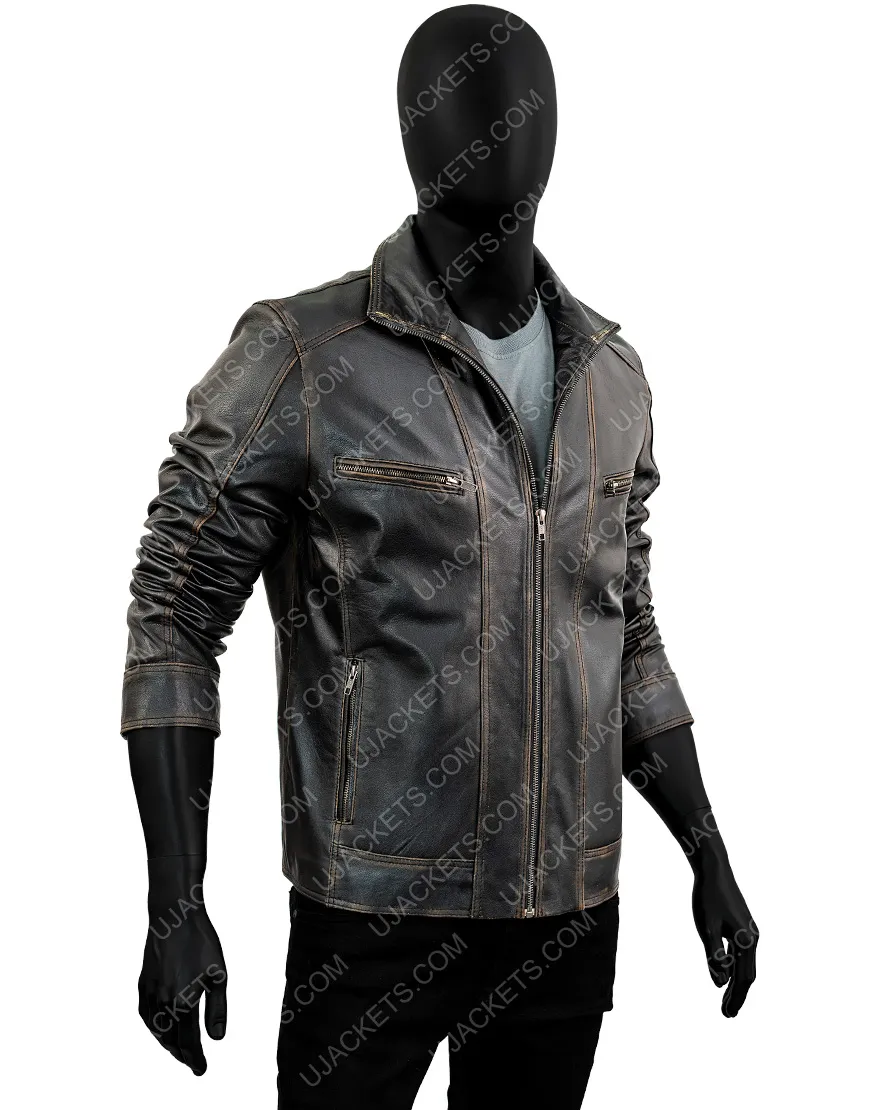 Men's Rivet Cow Hide Leather Jacket | Black Distressed Leather Jacket