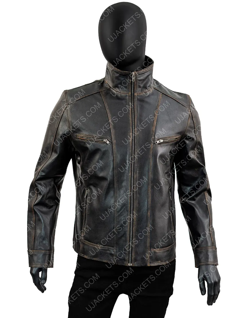 Men's Rivet Cow Hide Leather Jacket | Black Distressed Leather Jacket