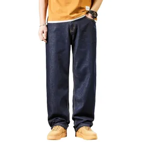 Men's Summer Dark Blue Denim Loose Fit Wide Straight-Leg Jeans Pants