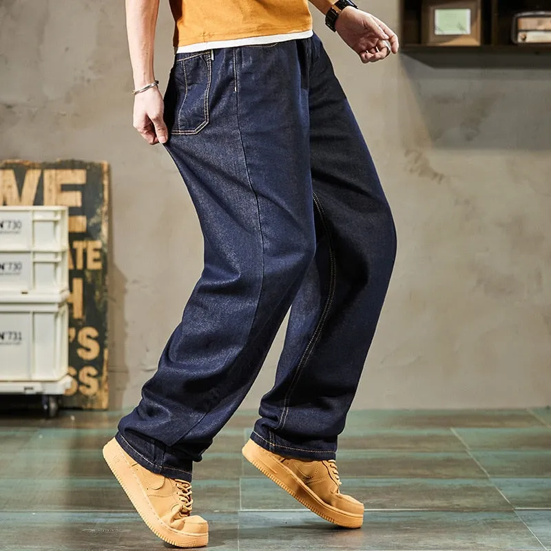 Men's Summer Dark Blue Denim Loose Fit Wide Straight-Leg Jeans Pants