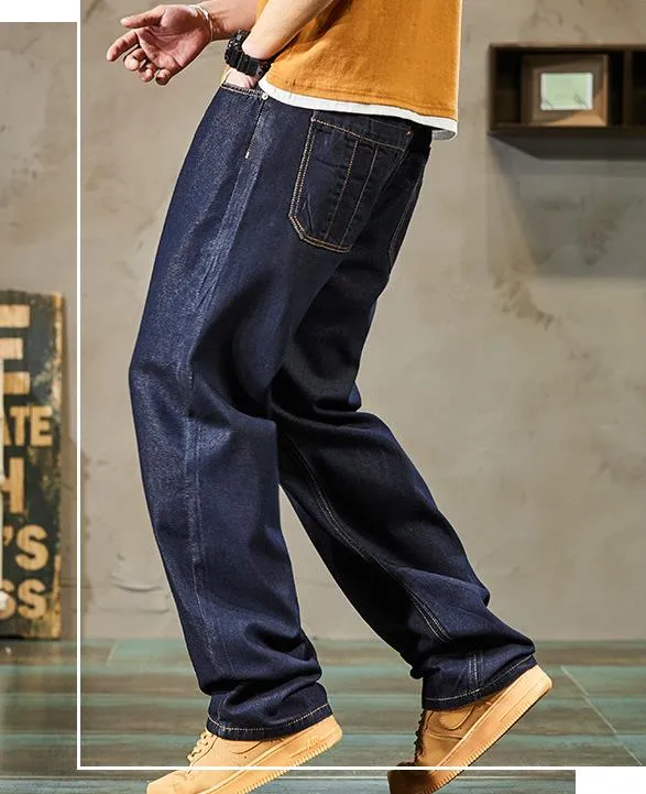 Men's Summer Dark Blue Denim Loose Fit Wide Straight-Leg Jeans Pants