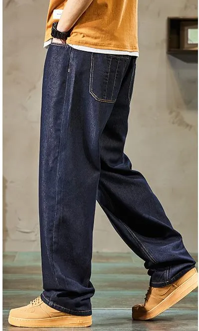 Men's Summer Dark Blue Denim Loose Fit Wide Straight-Leg Jeans Pants