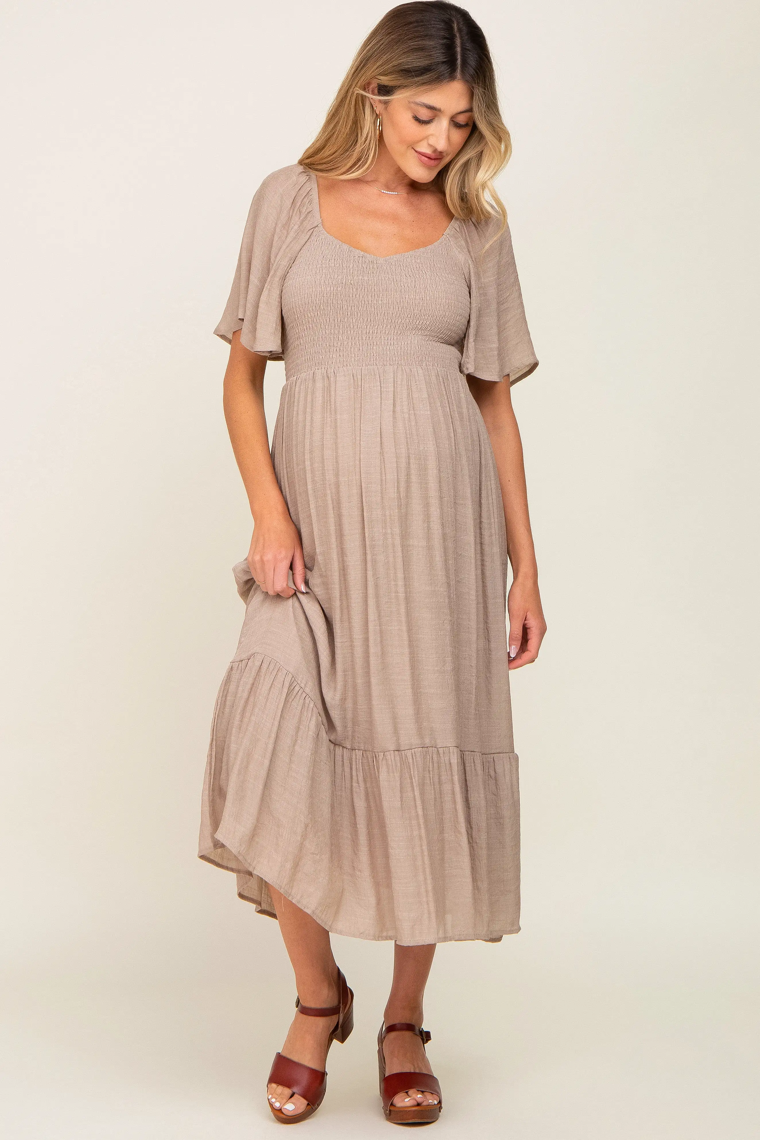 Mocha Smocked Ruffle Hem Maternity Maxi Dress