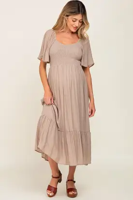 Mocha Smocked Ruffle Hem Maternity Maxi Dress