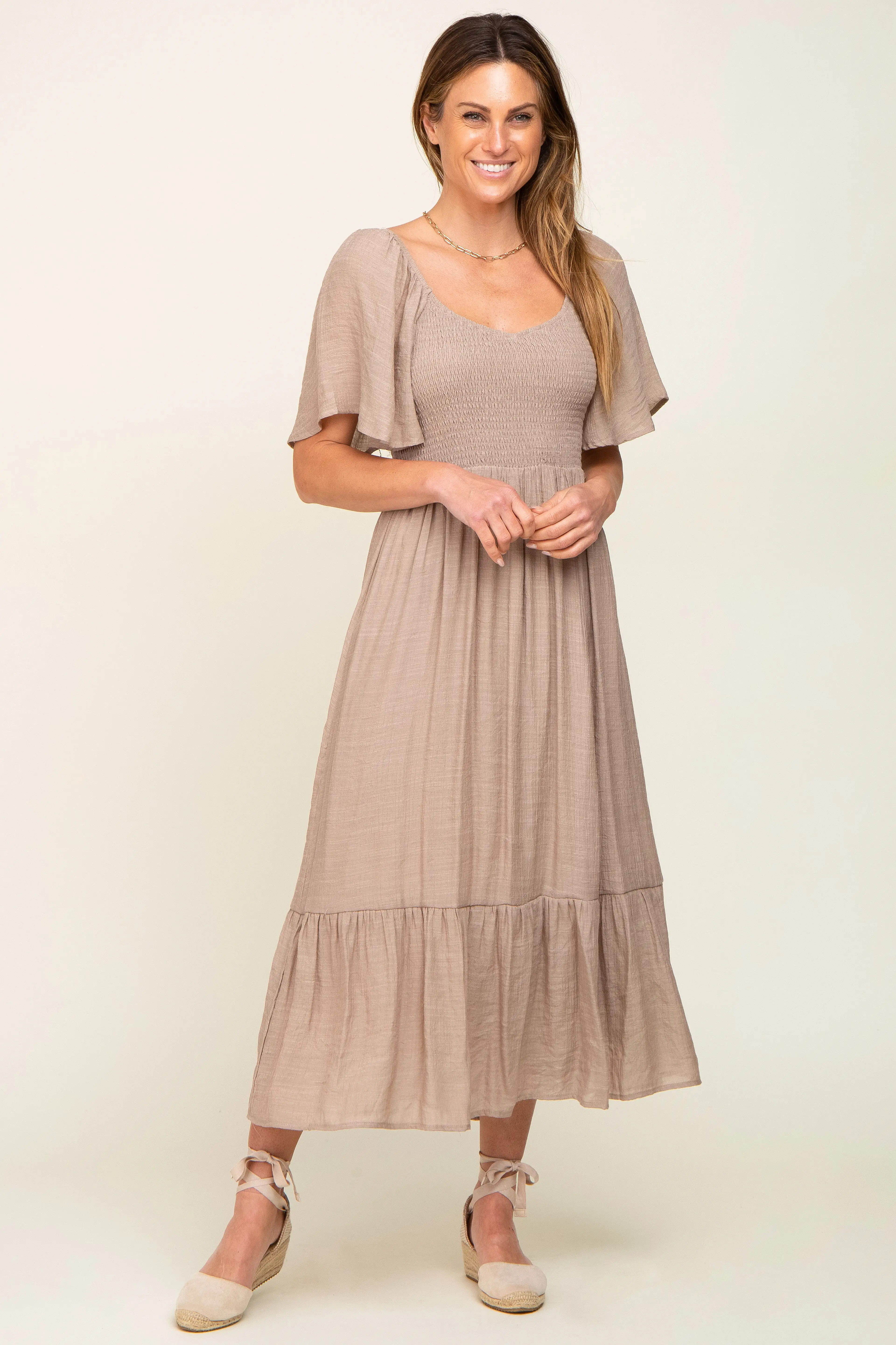 Mocha Smocked Ruffle Hem Maternity Maxi Dress