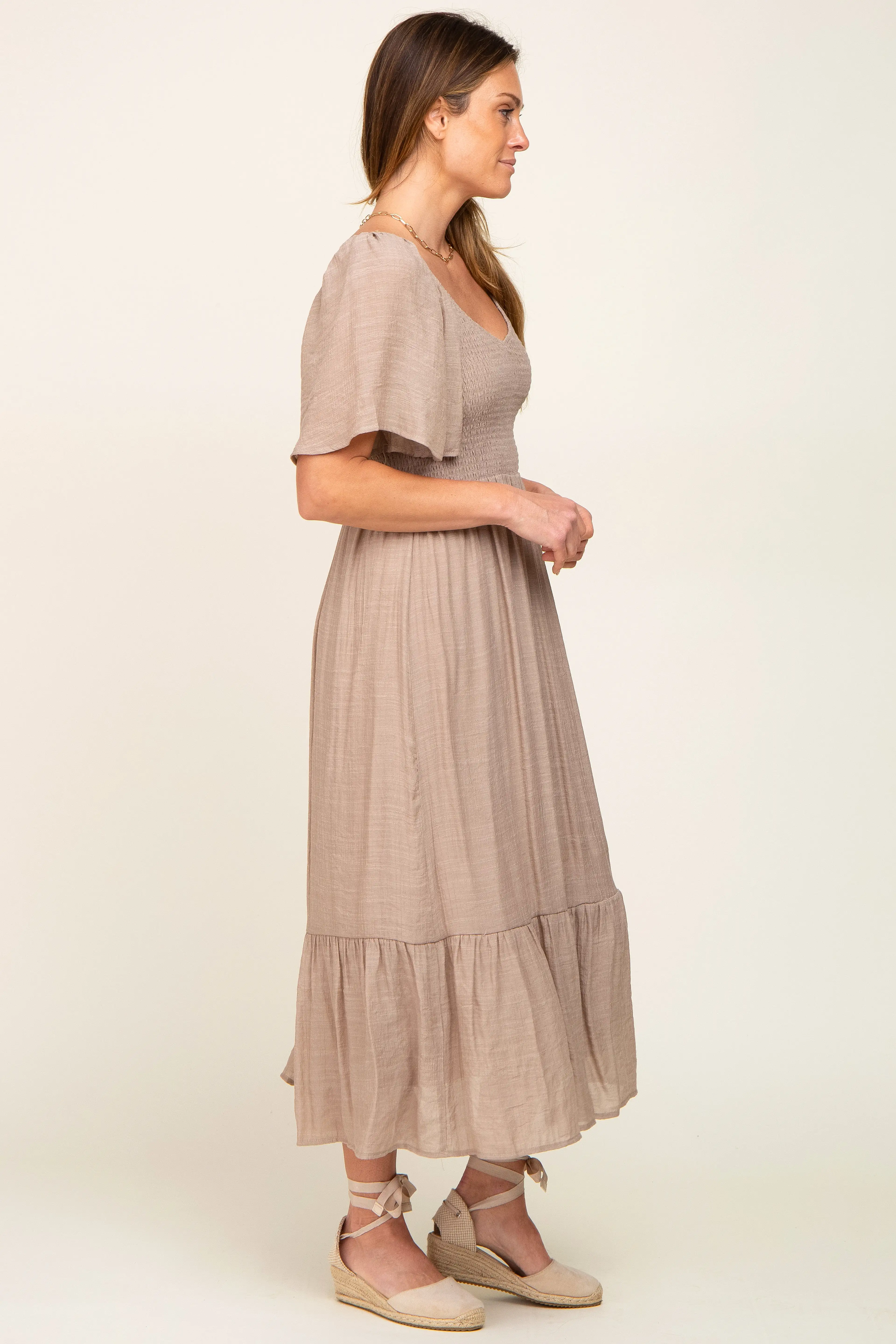 Mocha Smocked Ruffle Hem Maxi Dress