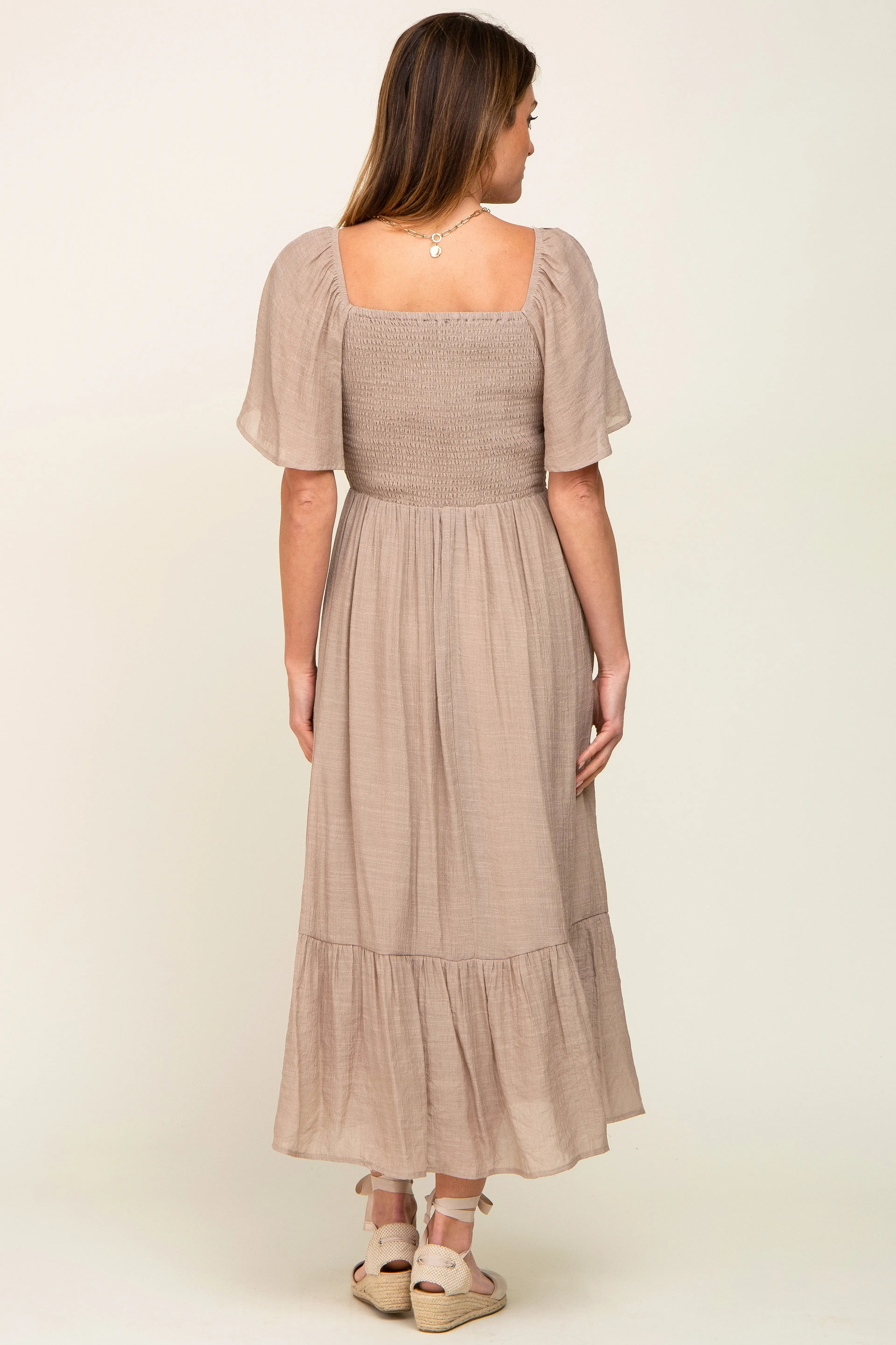 Mocha Smocked Ruffle Hem Maxi Dress