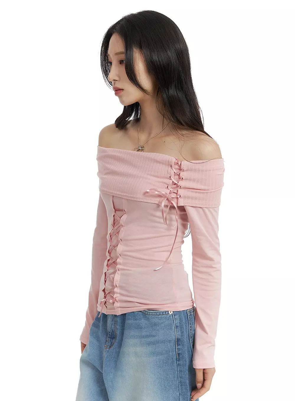 Off-Shoulder Lace Up Long Sleeve CM406