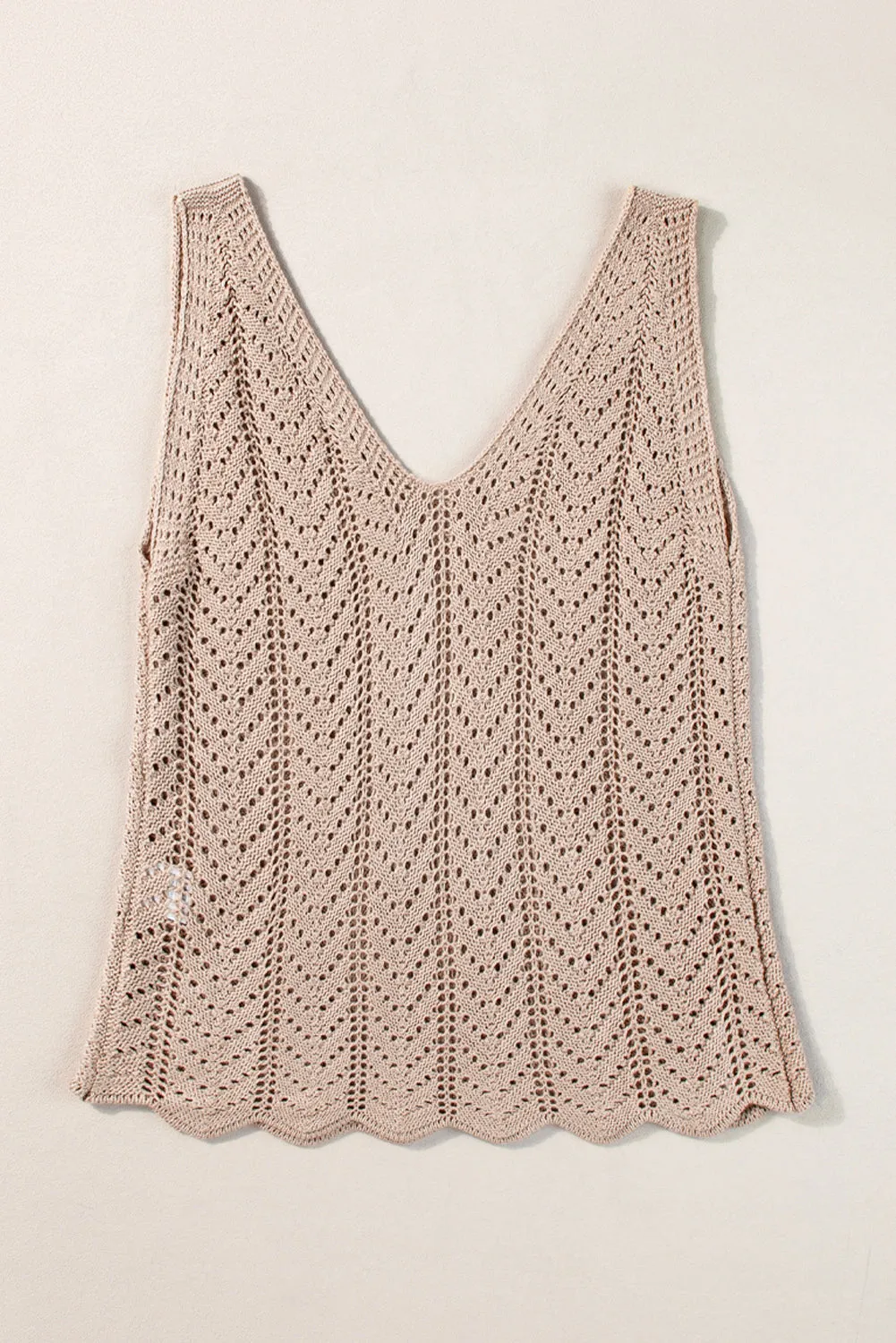 Pale Khaki Scalloped Hem V Neck Crochet Knit Sleeveless Top