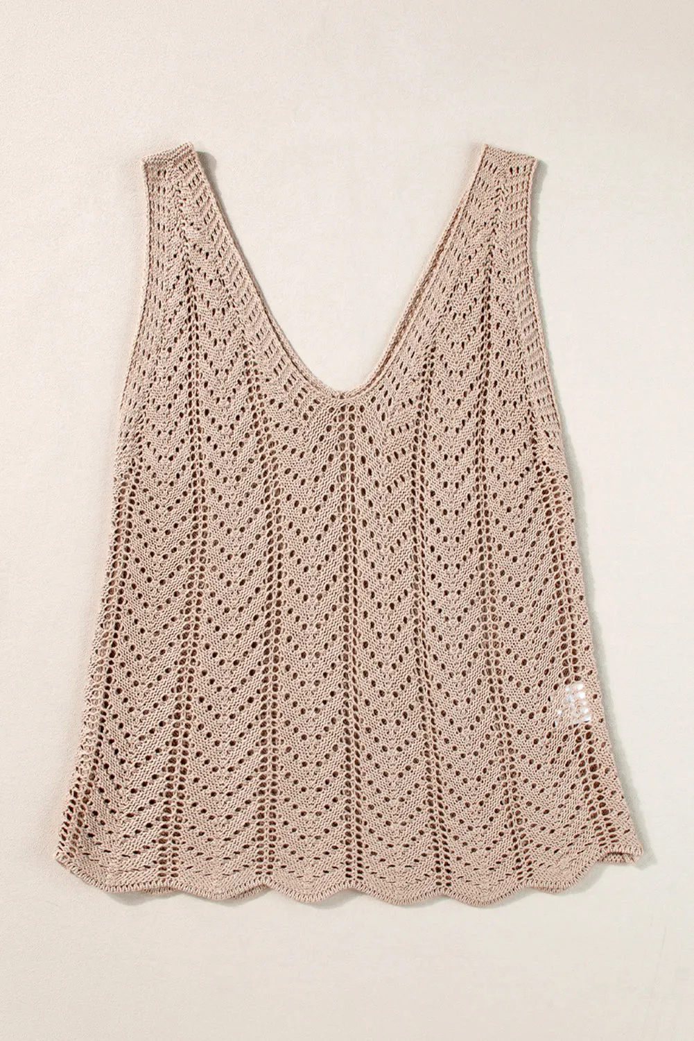 Pale Khaki Scalloped Hem V Neck Crochet Knit Sleeveless Top