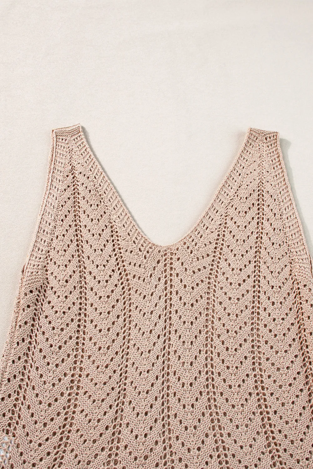 Pale Khaki Scalloped Hem V Neck Crochet Knit Sleeveless Top