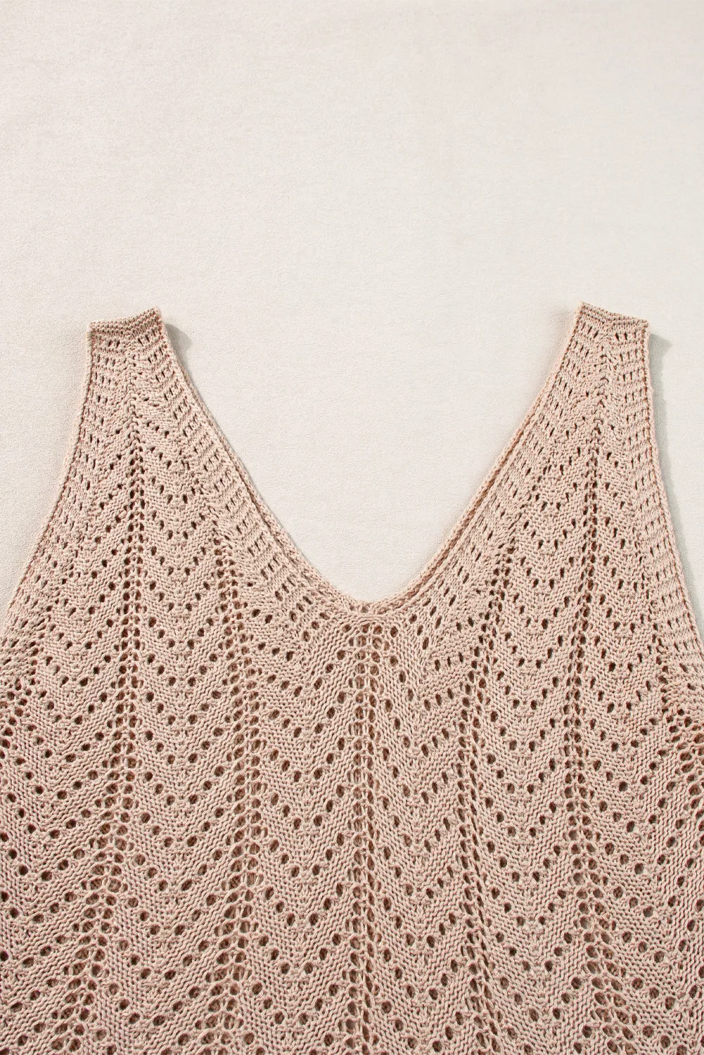 Pale Khaki Scalloped Hem V Neck Crochet Knit Sleeveless Top