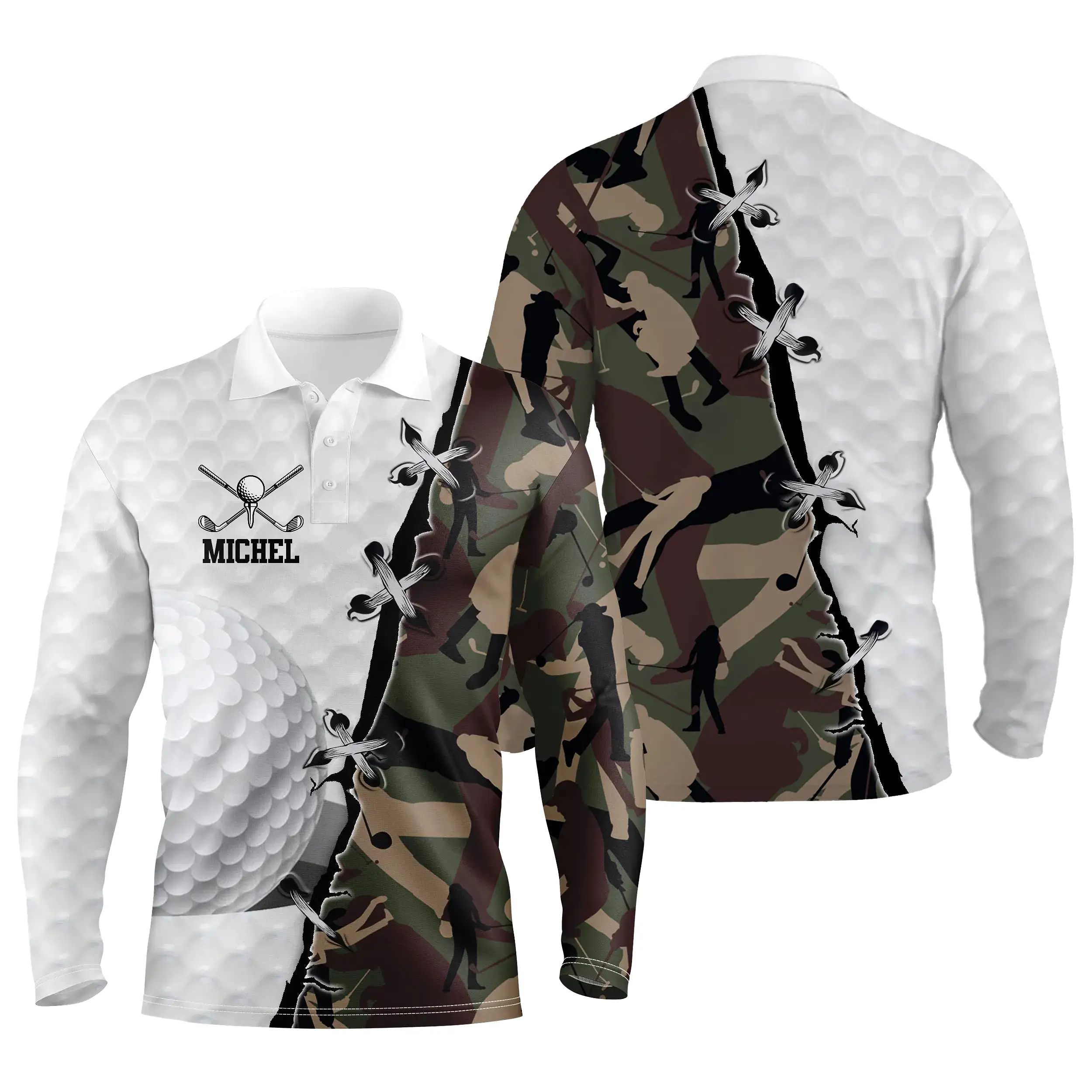 Polo de Golf Manches Longues, Cadeau Personnalisé Golfeur, Golfeuse, Motifs Camouflage - CTS17052217