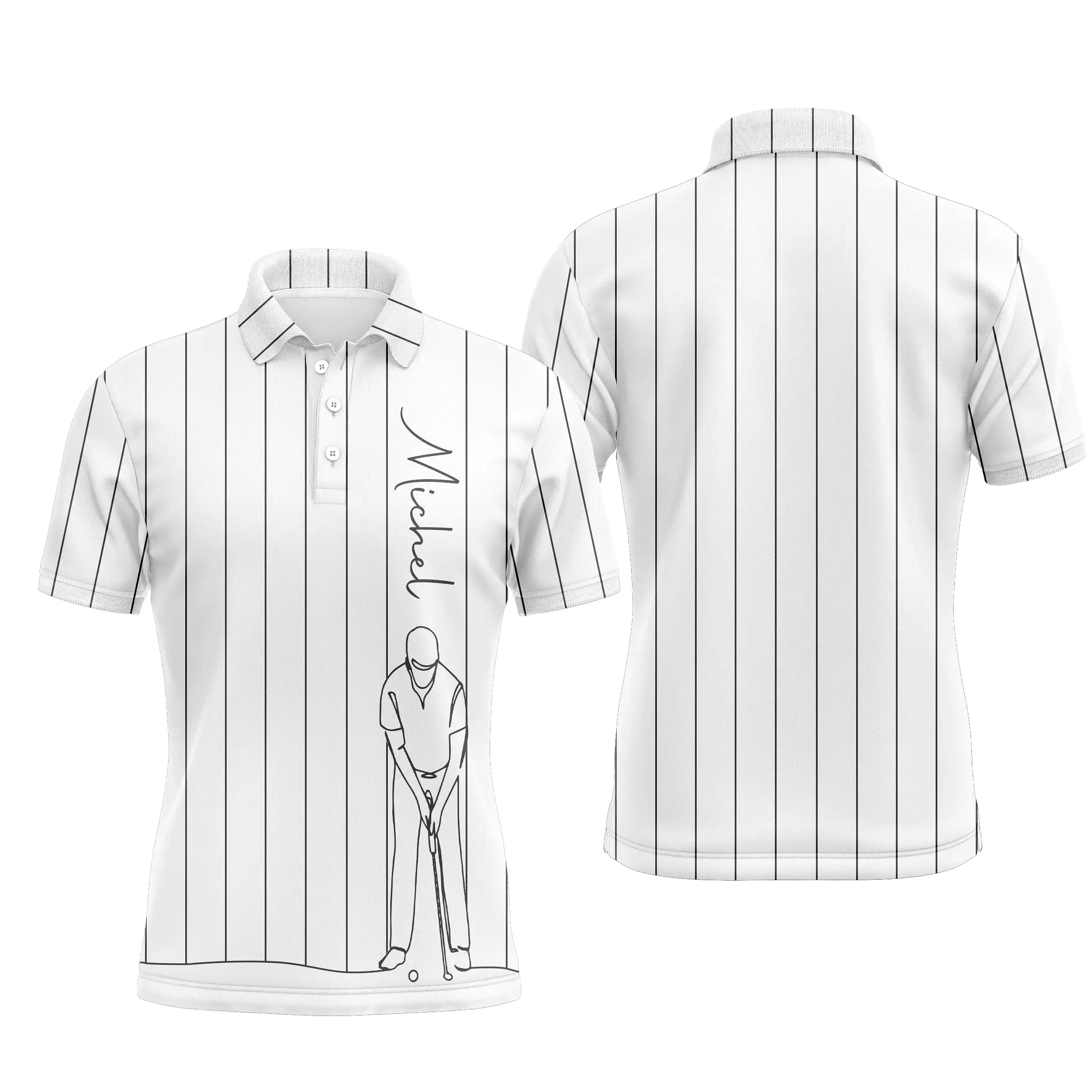 Polo de Golf Personnalisé, Dessin Au Trait Golfeur, Golfeuse, Cadeau Original Pour Fans de Golf, Noir, Blanc, Bleu Marine - CTS1