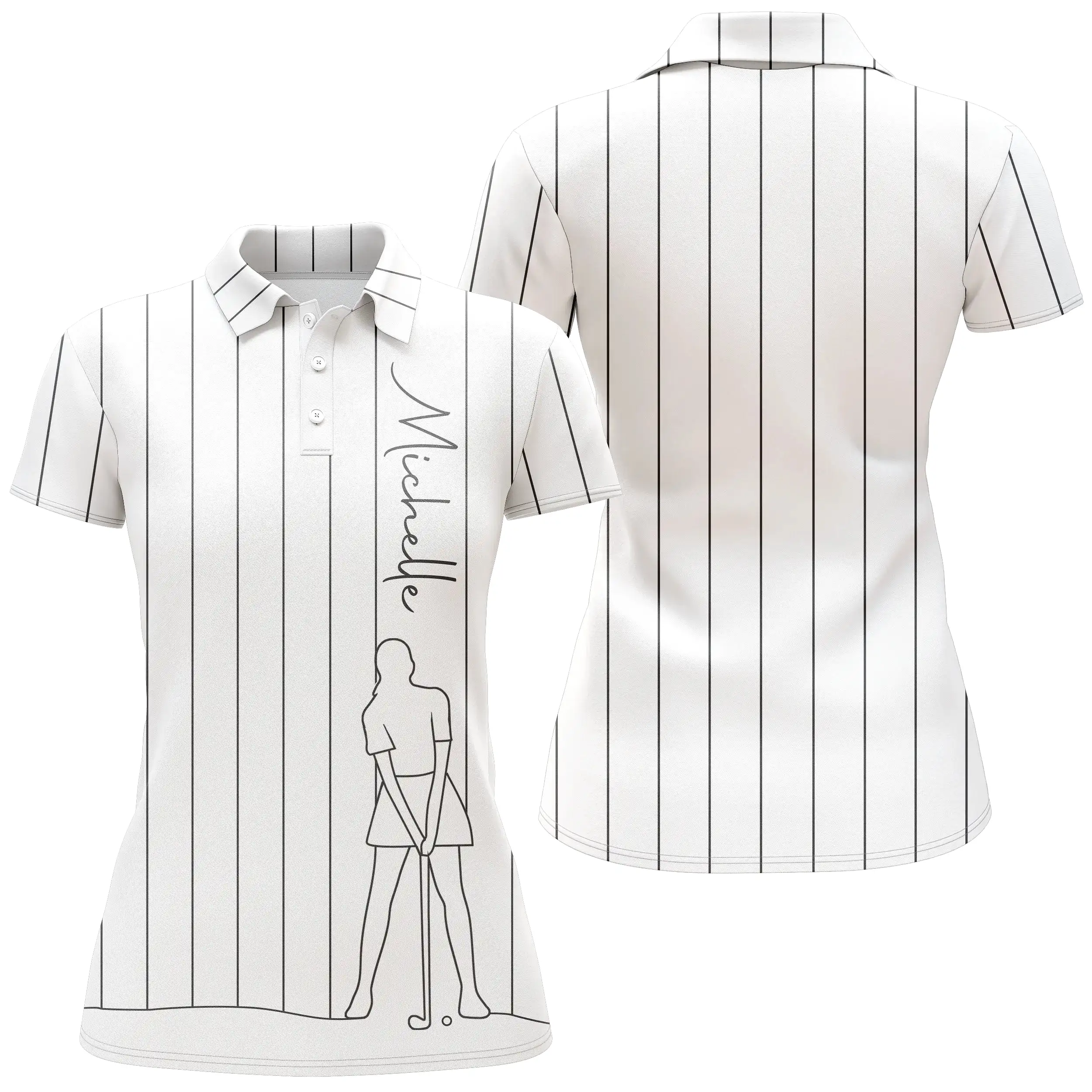 Polo de Golf Personnalisé, Dessin Au Trait Golfeur, Golfeuse, Cadeau Original Pour Fans de Golf, Noir, Blanc, Bleu Marine - CTS1