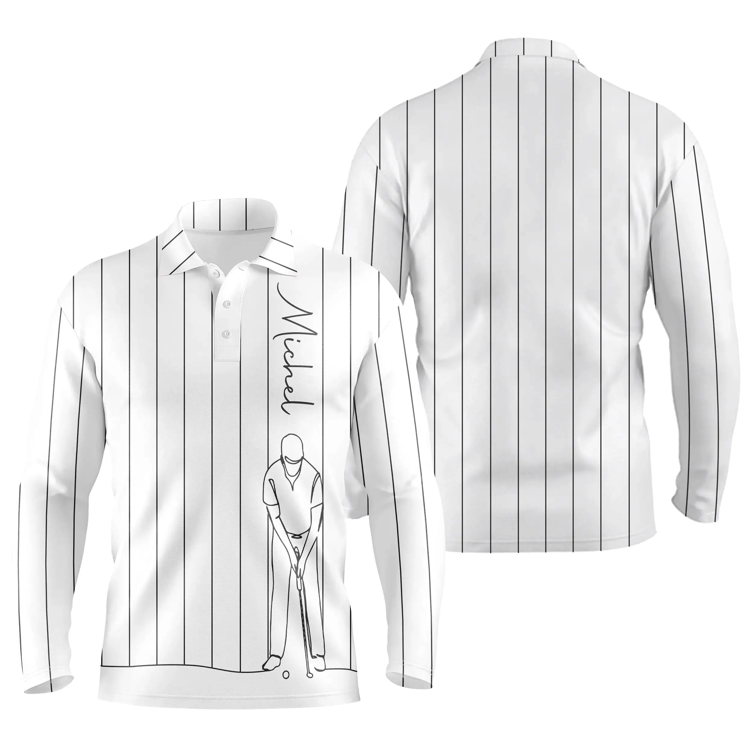 Polo de Golf Personnalisé, Dessin Au Trait Golfeur, Golfeuse, Cadeau Original Pour Fans de Golf, Noir, Blanc, Bleu Marine - CTS1