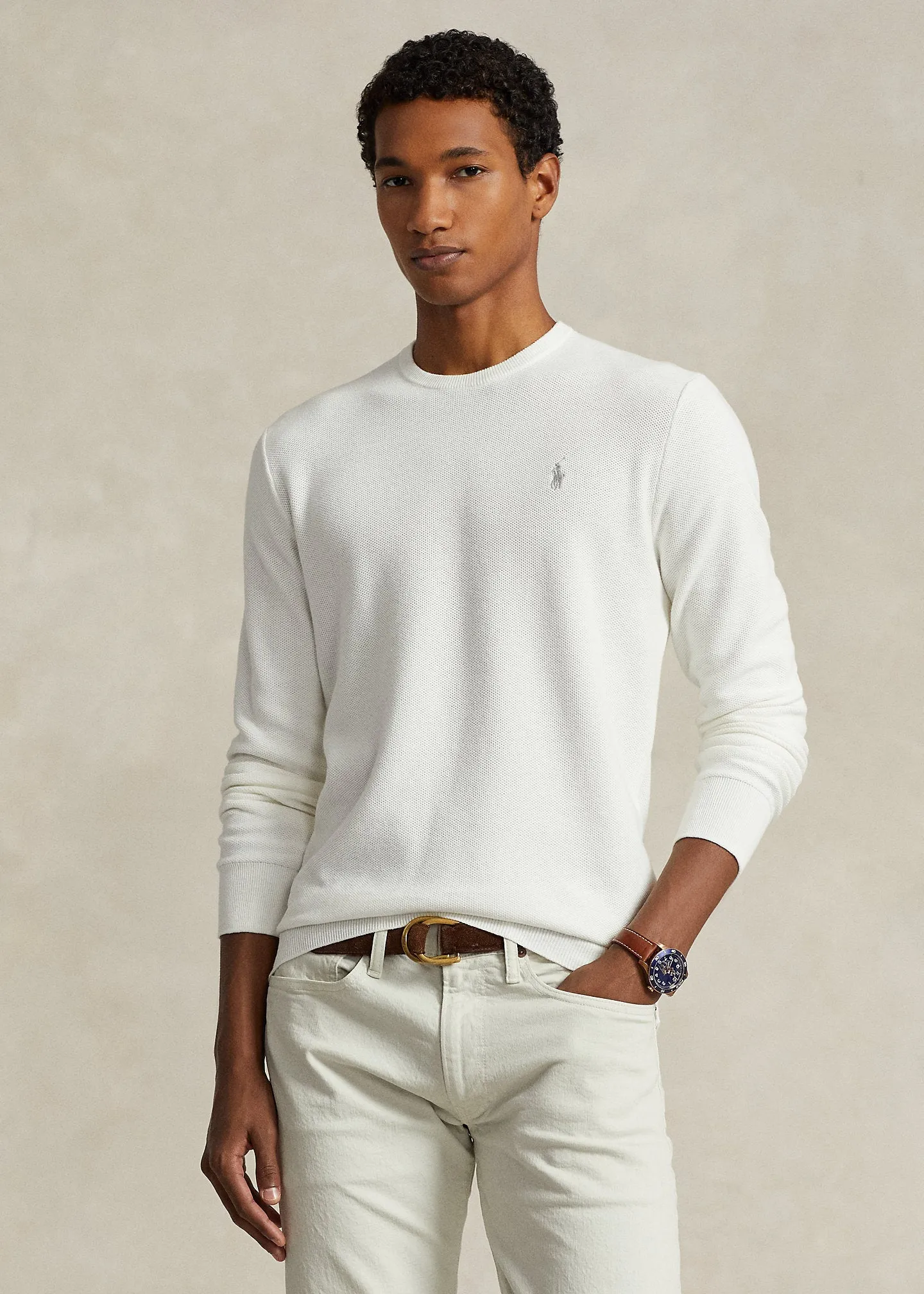 Polo Ralph Lauren - Pull white à col rond en coton texturé