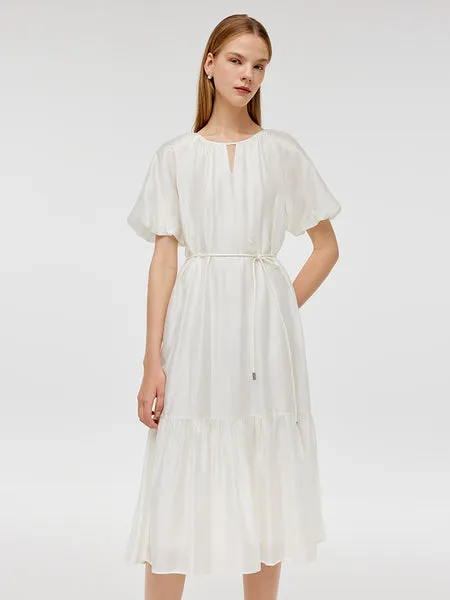 Puff Sleeves Ruffle Hem Women Midi Dress With String Belt 