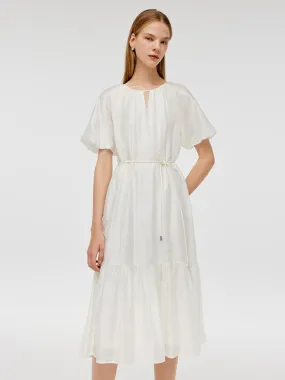 Puff Sleeves Ruffle Hem Women Midi Dress With String Belt 