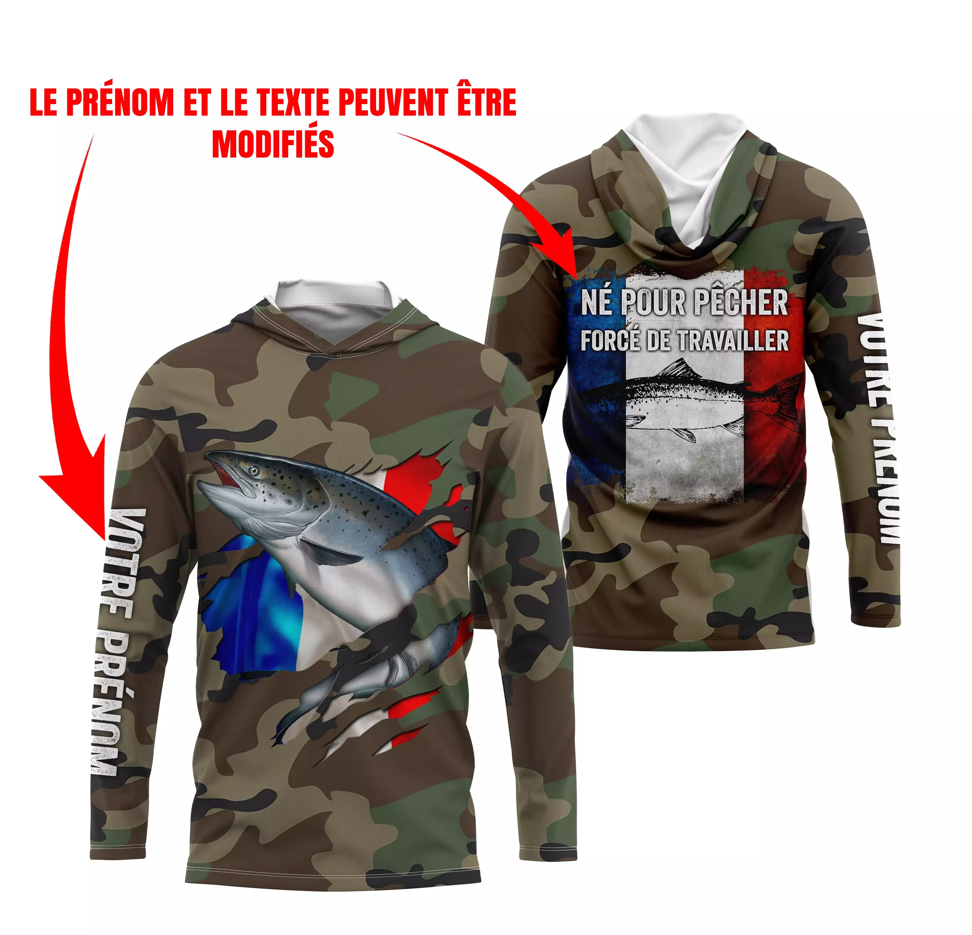 Pêche Au Saumon, Cadeau Original Pêcheur, Camouflage, Drapeau de la France, Cadeau Personnalisé, Né Pour Pêcher Forcé de Travail