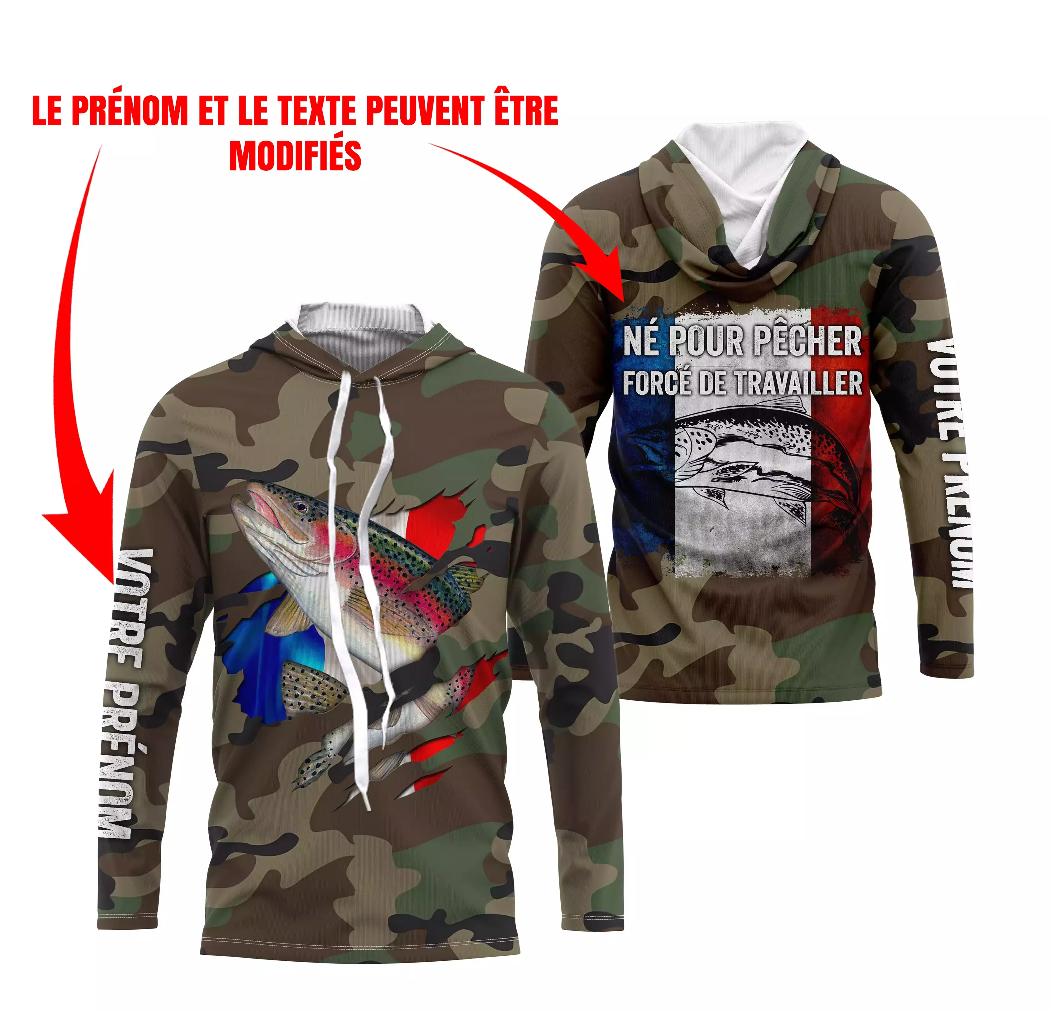 Pêche de la Truite, Cadeau Original Pêcheur, Camouflage, Drapeau de la France, Cadeau Personnalisé, Né Pour Pêcher Forcé de Trav