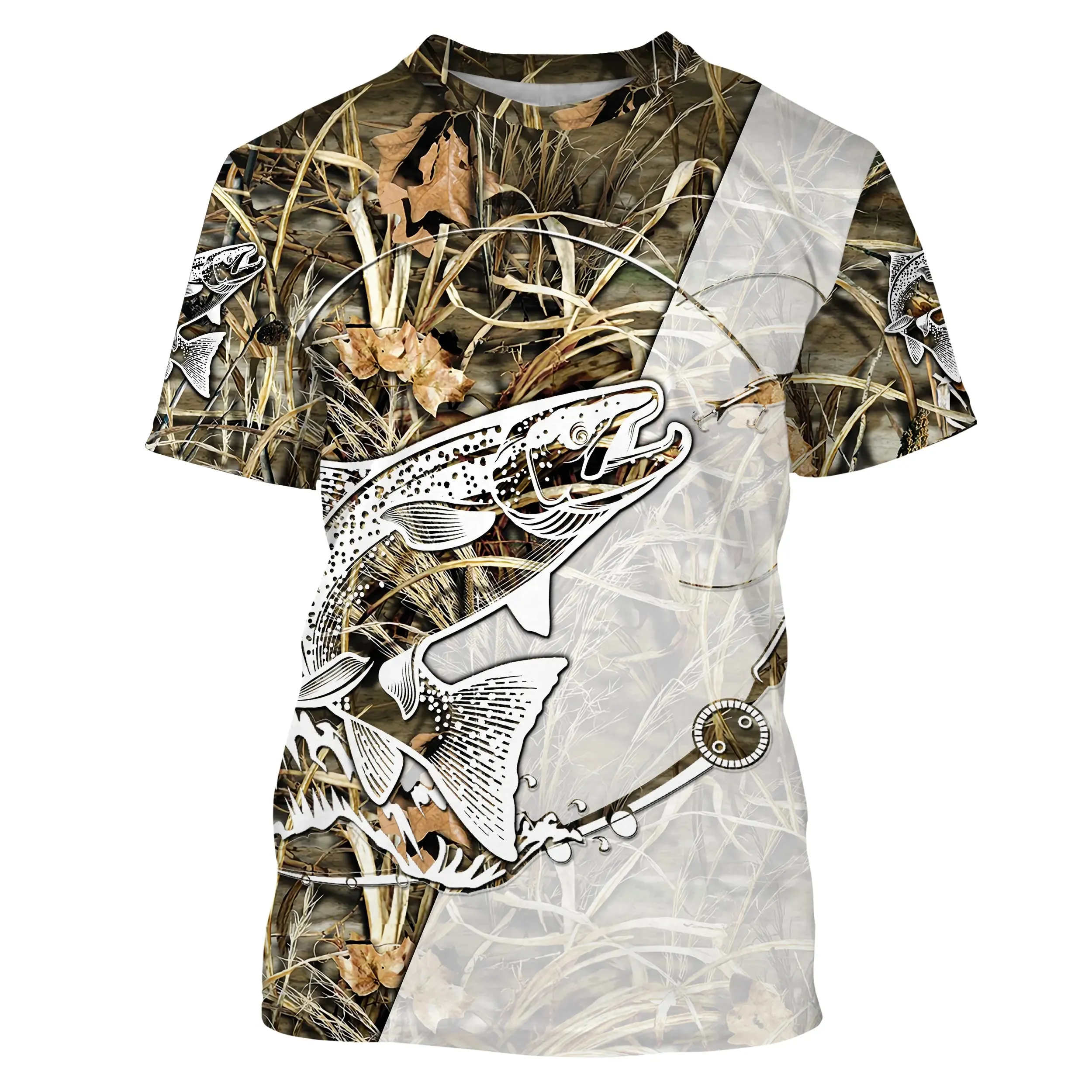 Pêche du Saumon, Cadeau Idéal Pour Pêcheur, Tee shirt All-Over, Vêtements Anti-UV, Camouflage Pêche, Canne Pêche au Saumon - CTS