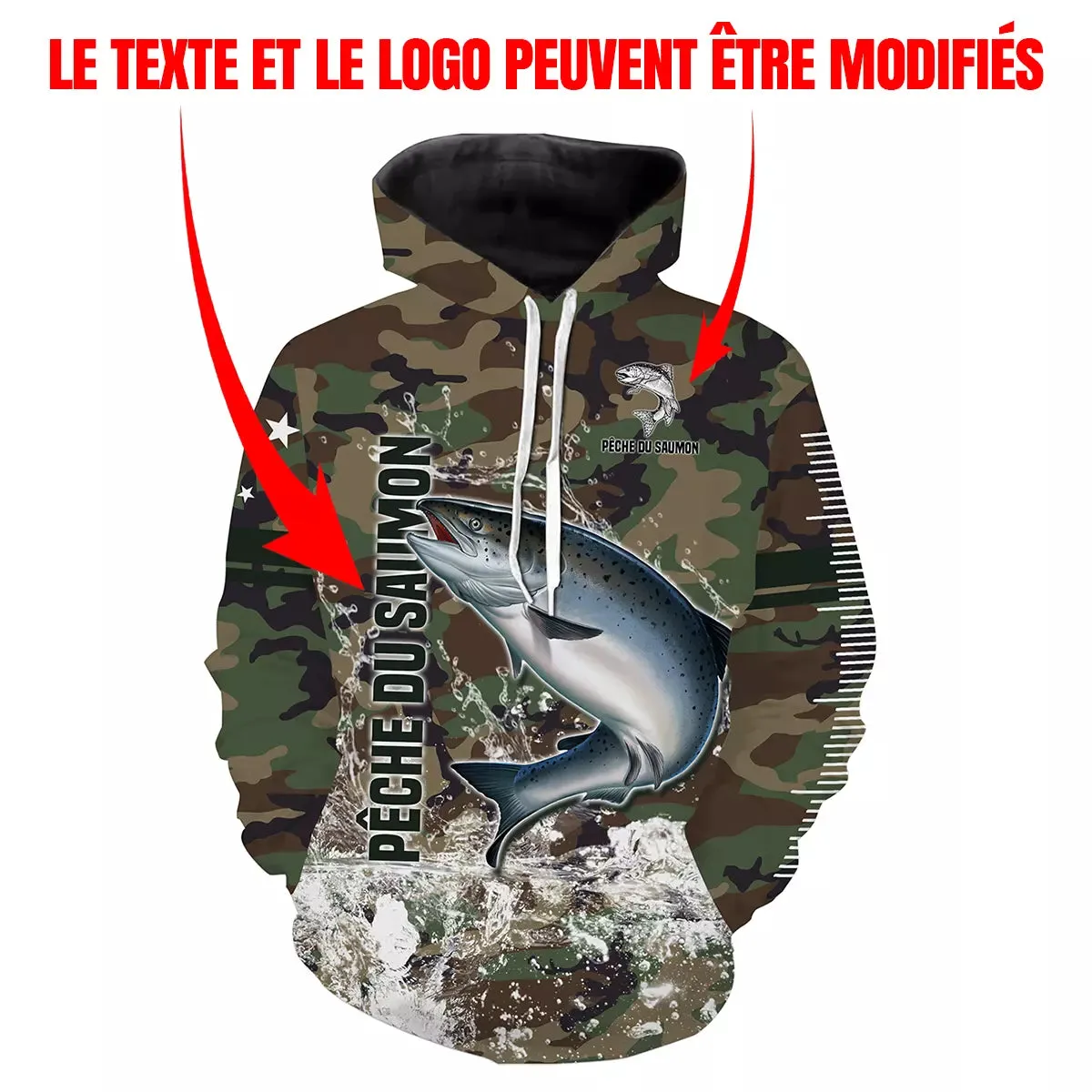 Pêche du Saumon, Cadeau Original Pêcheur, Camouflage Pêche, Tee Shirt, Sweat à capuche, Vêtement Anti UV, Cadeau Personnalisé Po