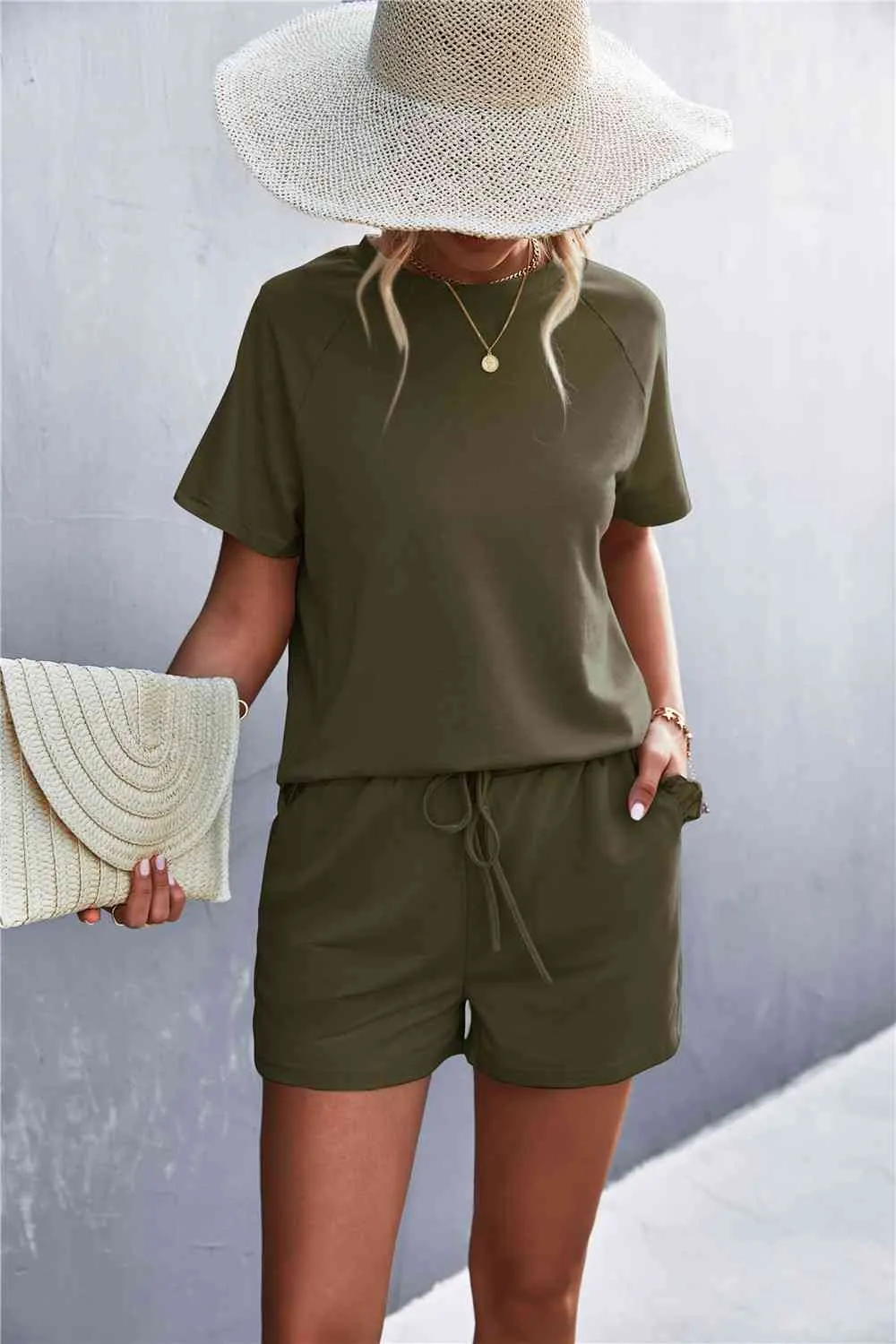 Raglan Sleeve Ruffle Hem Top and Shorts Set with Pockets