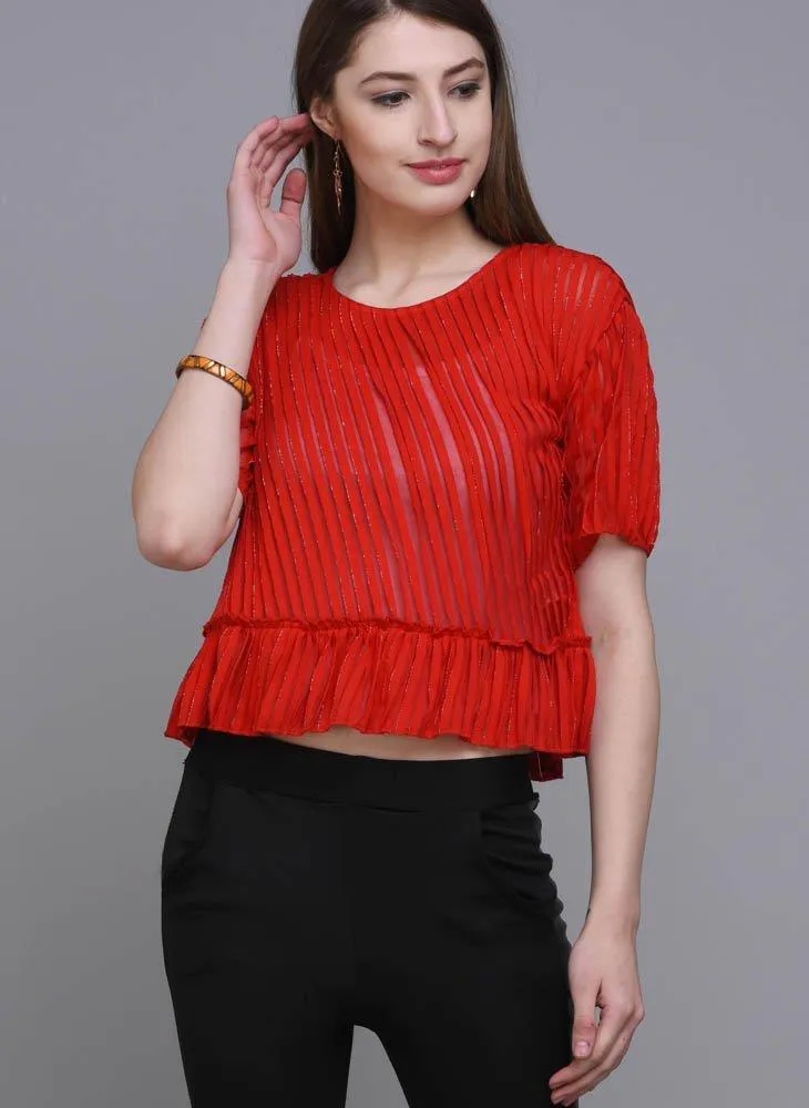 Red Shimmer Crop Top with Ruffle hem