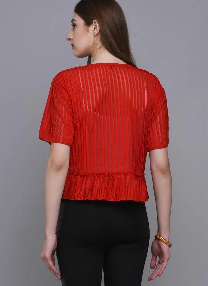 Red Shimmer Crop Top with Ruffle hem