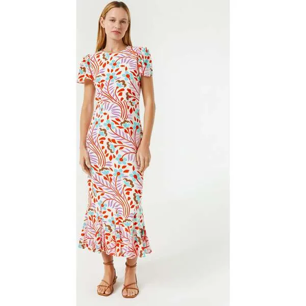 RHODE Women's Lulani Print Puff Sleeve Ruffle Hem Long Dress, Lago Vine