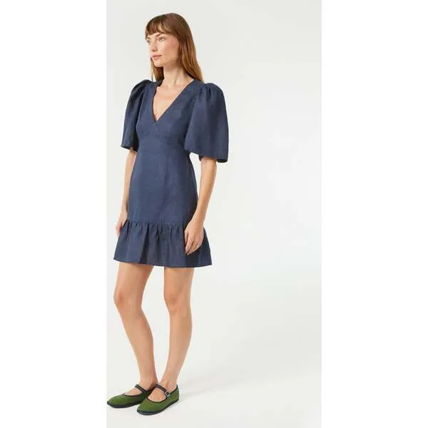 RHODE Women's Mariana Deep V-Neck Ruffle Hem Mini Dess, Navy