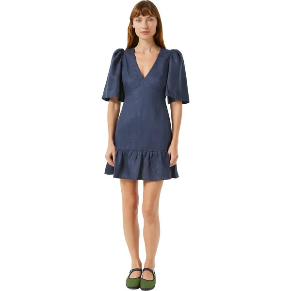 RHODE Women's Mariana Deep V-Neck Ruffle Hem Mini Dess, Navy