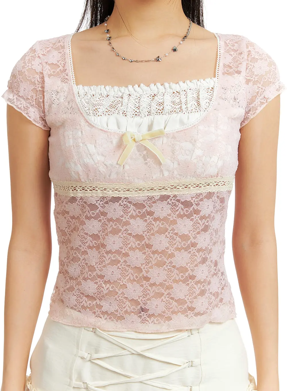 Ribbon Lace See-Through Crop Top CF426