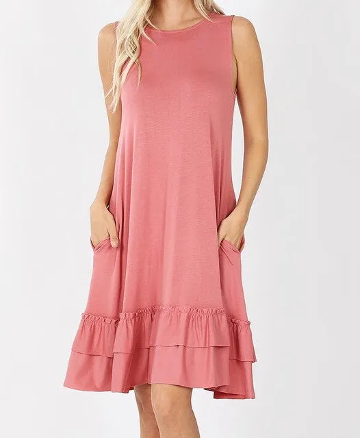 Ruffle Hem Sleeveless Dress - Available in 5 Colors