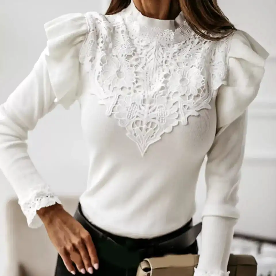 Ruffle Lace Patchwork Long Sleeve Blouse