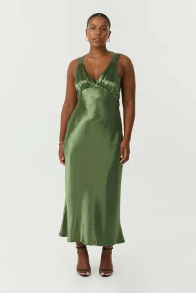 Satin Gather Bra Bias Slip Dress - Olive