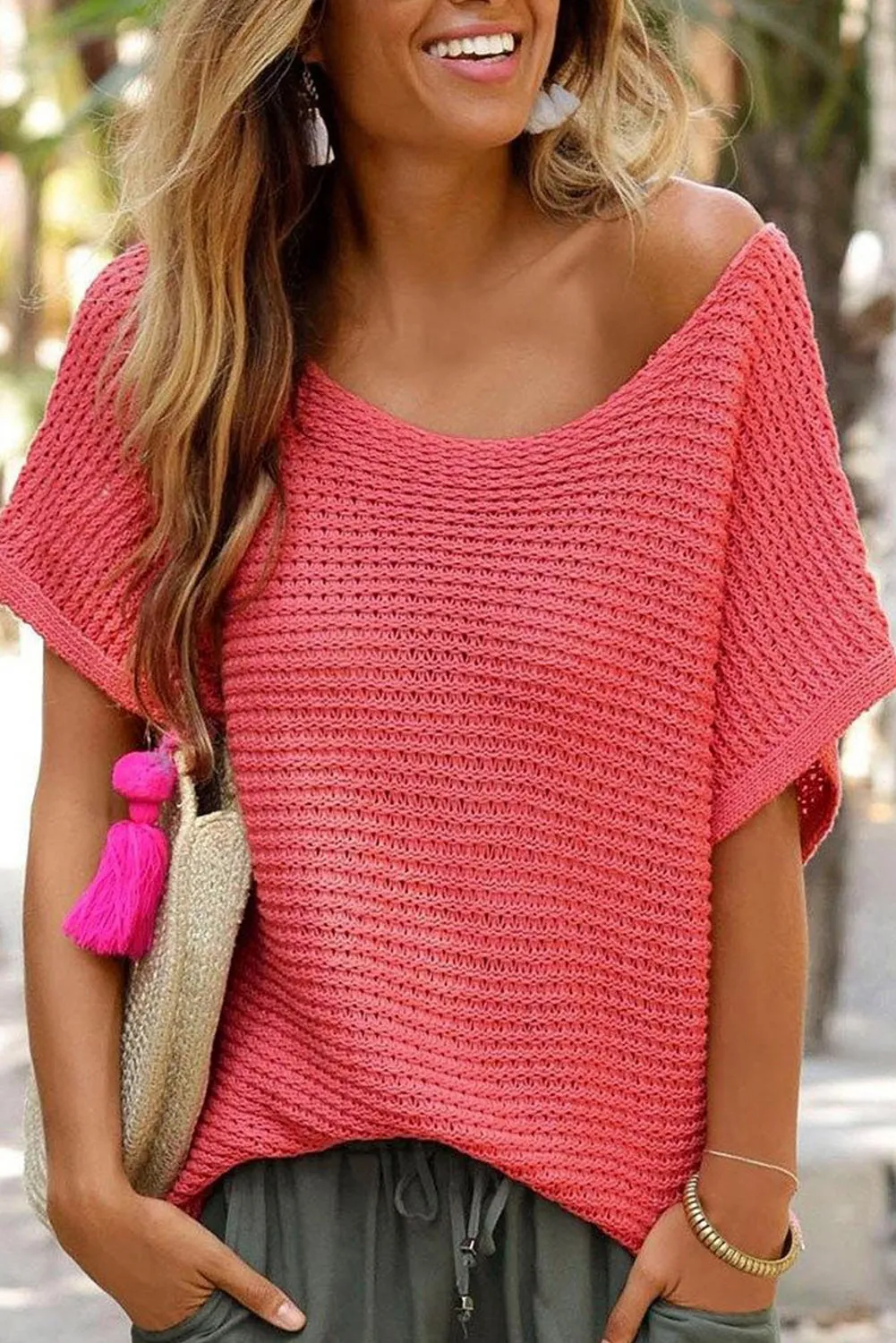 Solid Loose Knit Short Dolman Sleeve Sweater